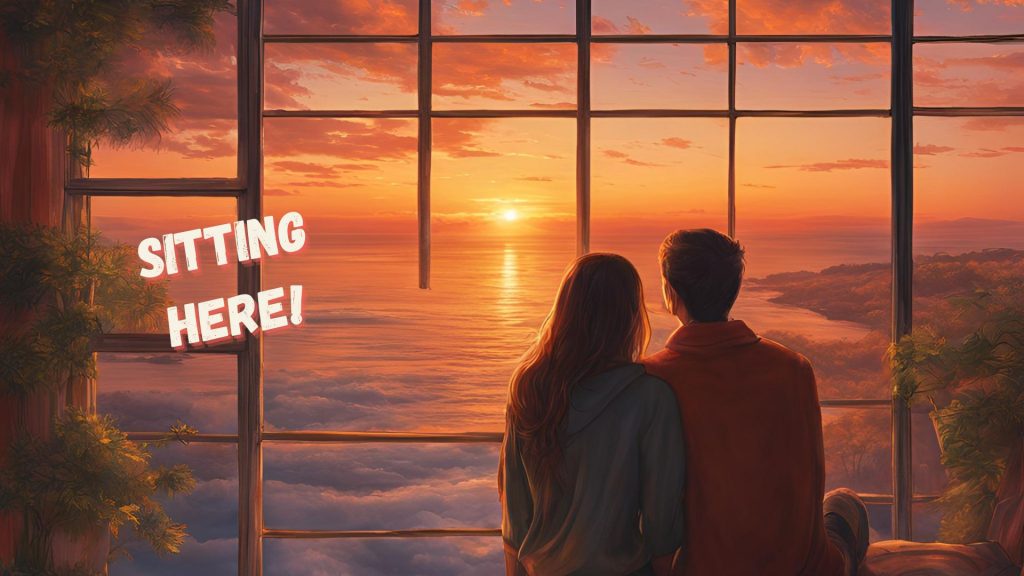 Un couple assis devant une immense fenêtre à contempler un coucher de soleil